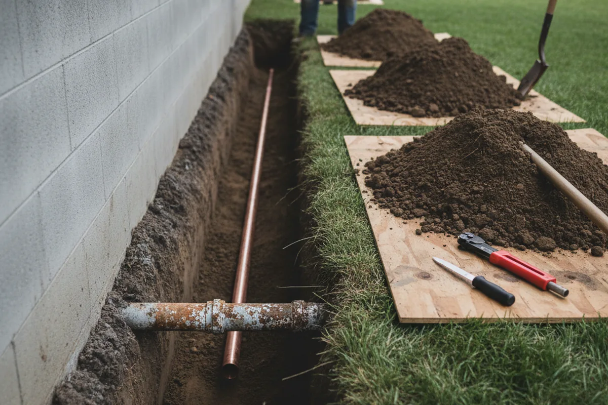 Excavated water line trench during Water Softener Installation in Hardin